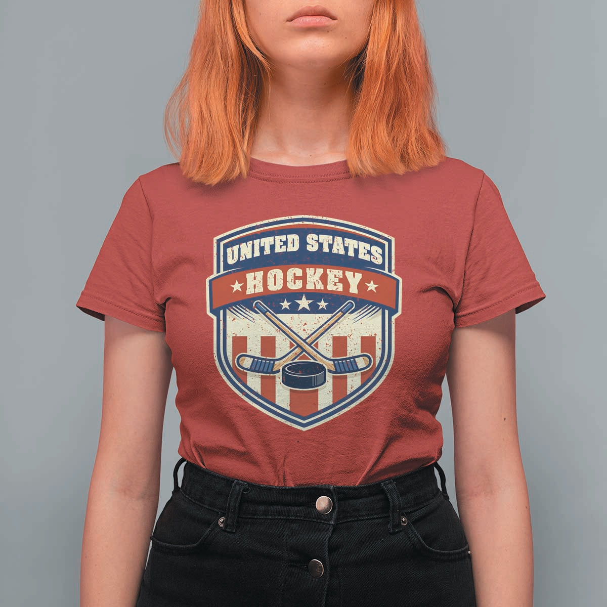 Hockey Crossed Sticks And Puck Retro USA Shield Flag T Shirt For Women Red White Blue Striped Patriotic Sports Fan Pride Graphic