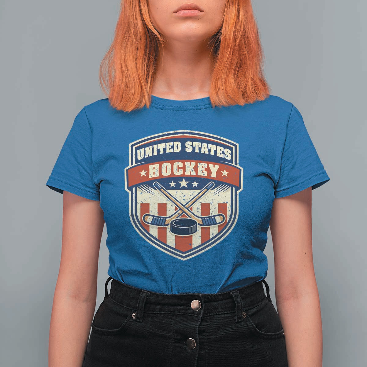 Hockey Crossed Sticks And Puck Retro USA Shield Flag T Shirt For Women Red White Blue Striped Patriotic Sports Fan Pride Graphic