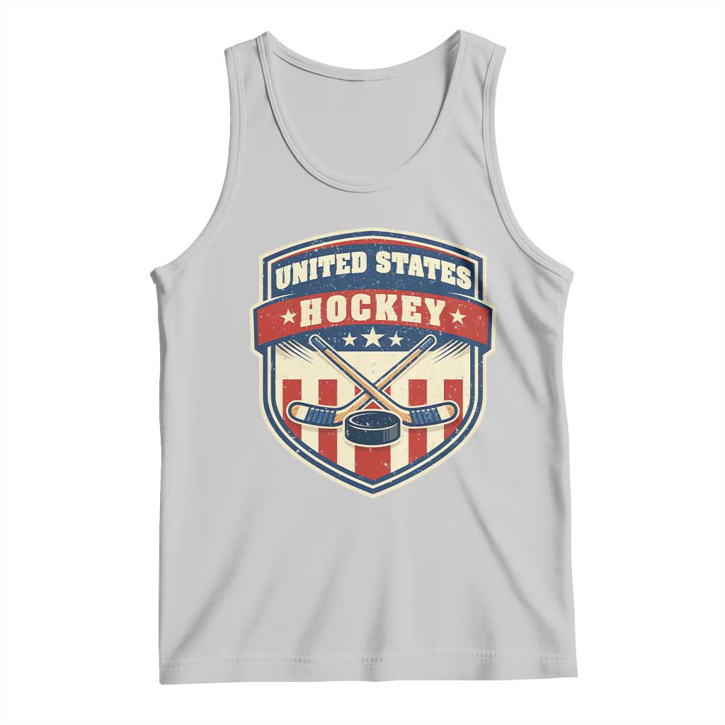 Hockey Crossed Sticks And Puck Retro USA Shield Flag Tank Top Red White Blue Striped Patriotic Sports Fan Pride Graphic