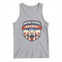 Hockey Crossed Sticks And Puck Retro USA Shield Flag Tank Top Red White Blue Striped Patriotic Sports Fan Pride Graphic
