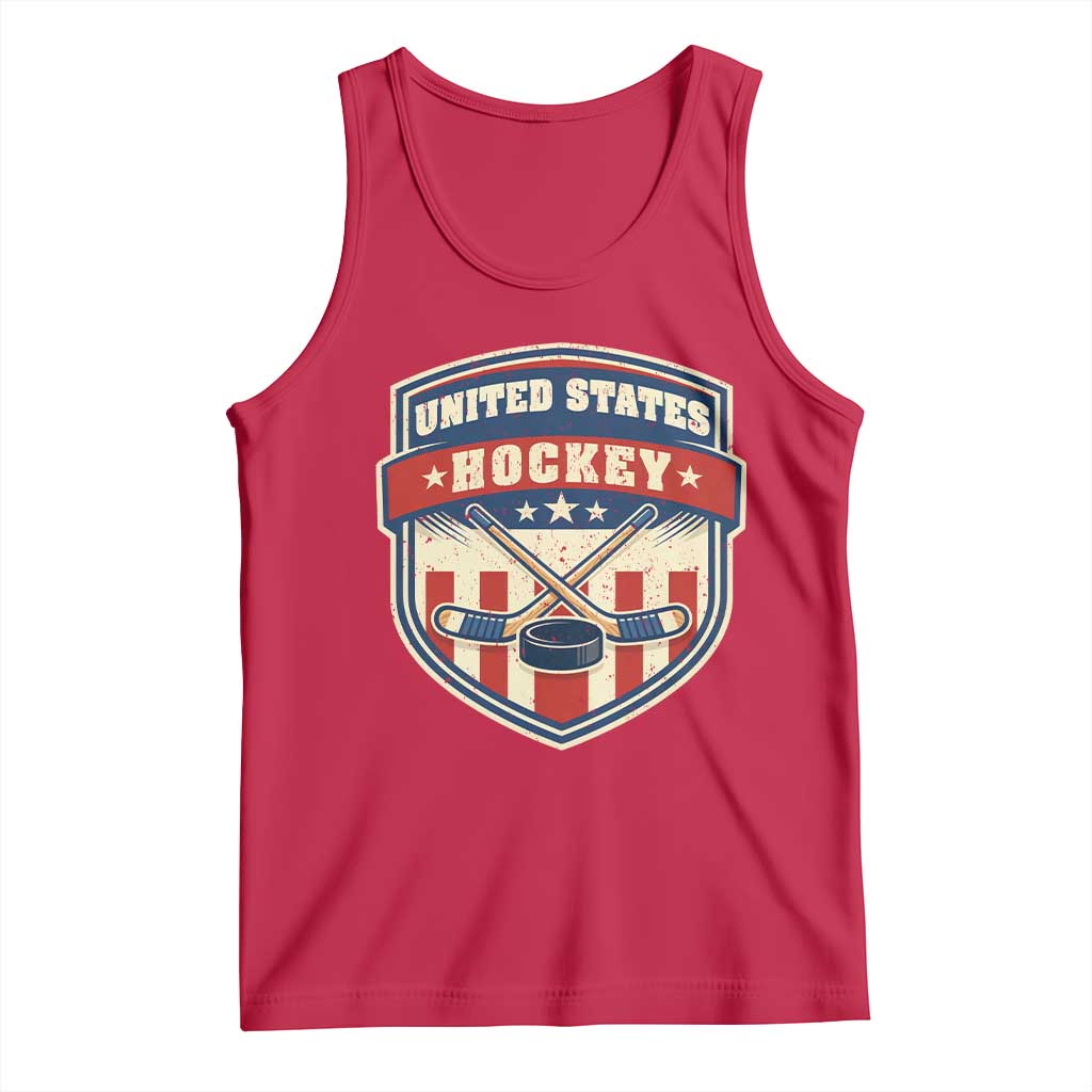 Hockey Crossed Sticks And Puck Retro USA Shield Flag Tank Top Red White Blue Striped Patriotic Sports Fan Pride Graphic