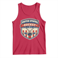 Hockey Crossed Sticks And Puck Retro USA Shield Flag Tank Top Red White Blue Striped Patriotic Sports Fan Pride Graphic