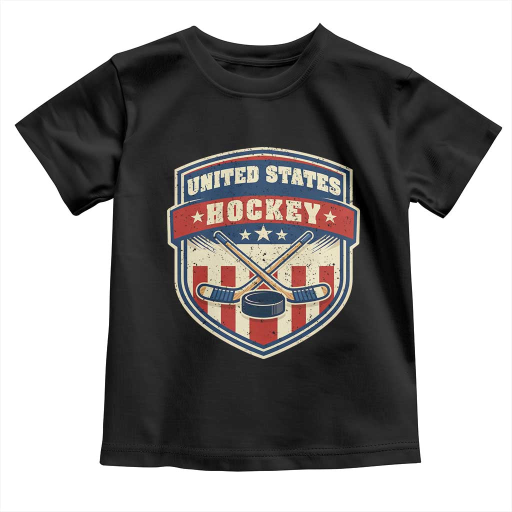 Hockey Crossed Sticks And Puck Retro USA Shield Flag Toddler T Shirt Red White Blue Striped Patriotic Sports Fan Pride Graphic