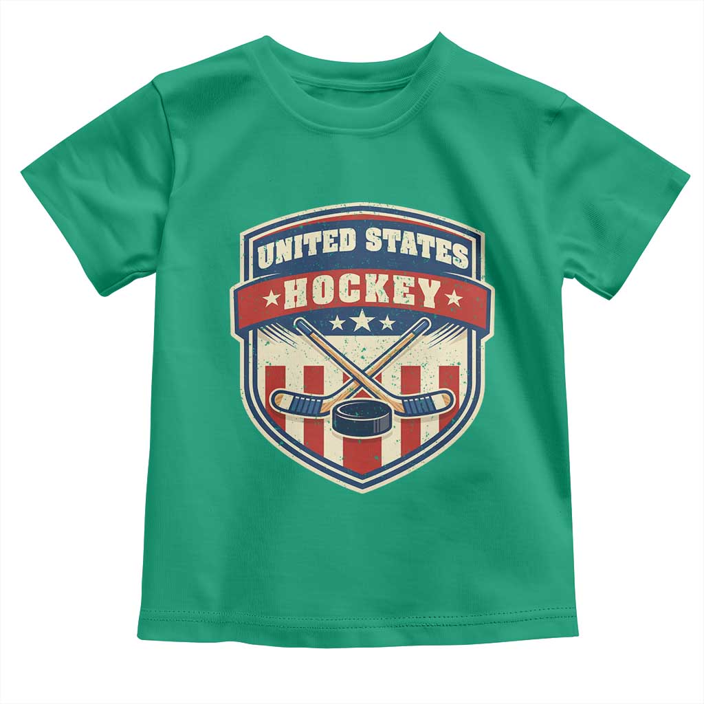 Hockey Crossed Sticks And Puck Retro USA Shield Flag Toddler T Shirt Red White Blue Striped Patriotic Sports Fan Pride Graphic