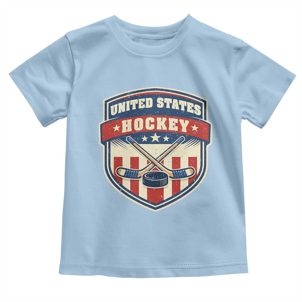 Hockey Crossed Sticks And Puck Retro USA Shield Flag Toddler T Shirt Red White Blue Striped Patriotic Sports Fan Pride Graphic