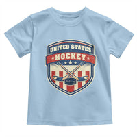 Hockey Crossed Sticks And Puck Retro USA Shield Flag Toddler T Shirt Red White Blue Striped Patriotic Sports Fan Pride Graphic