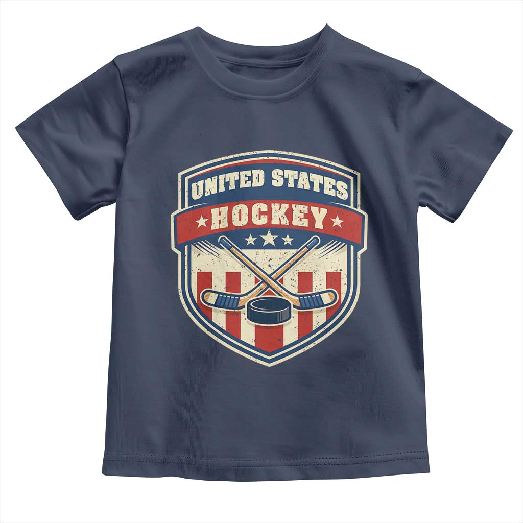 Hockey Crossed Sticks And Puck Retro USA Shield Flag Toddler T Shirt Red White Blue Striped Patriotic Sports Fan Pride Graphic