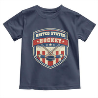 Hockey Crossed Sticks And Puck Retro USA Shield Flag Toddler T Shirt Red White Blue Striped Patriotic Sports Fan Pride Graphic