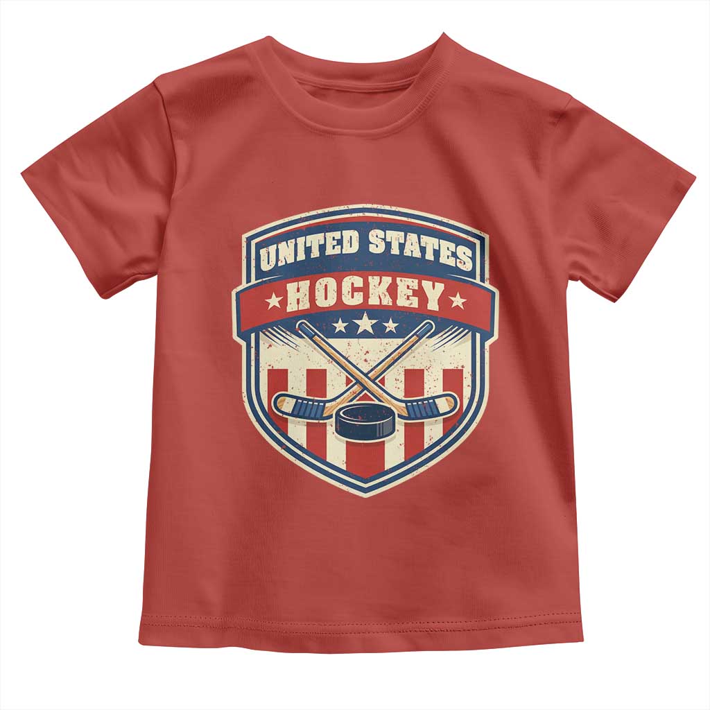 Hockey Crossed Sticks And Puck Retro USA Shield Flag Toddler T Shirt Red White Blue Striped Patriotic Sports Fan Pride Graphic