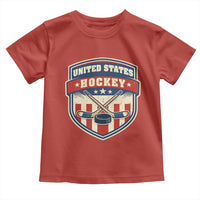 Hockey Crossed Sticks And Puck Retro USA Shield Flag Toddler T Shirt Red White Blue Striped Patriotic Sports Fan Pride Graphic