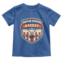 Hockey Crossed Sticks And Puck Retro USA Shield Flag Toddler T Shirt Red White Blue Striped Patriotic Sports Fan Pride Graphic
