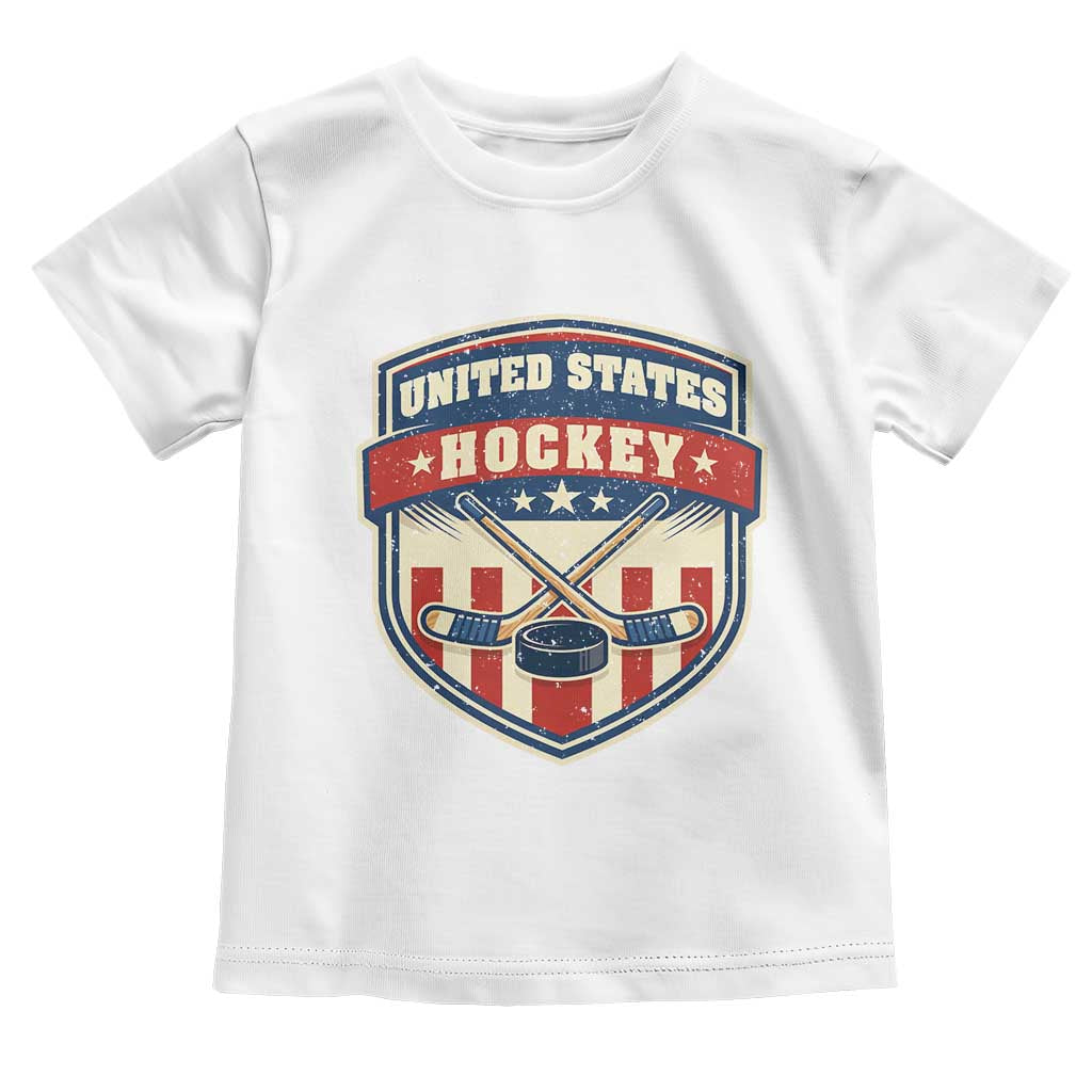 Hockey Crossed Sticks And Puck Retro USA Shield Flag Toddler T Shirt Red White Blue Striped Patriotic Sports Fan Pride Graphic