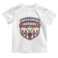 Hockey Crossed Sticks And Puck Retro USA Shield Flag Toddler T Shirt Red White Blue Striped Patriotic Sports Fan Pride Graphic
