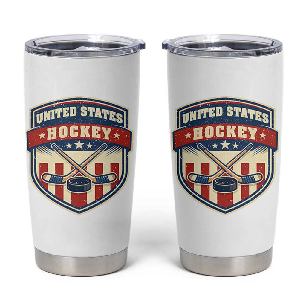 Hockey Crossed Sticks And Puck Retro USA Shield Flag Tumbler Cup Red White Blue Striped Patriotic Sports Fan Pride Graphic
