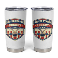 Hockey Crossed Sticks And Puck Retro USA Shield Flag Tumbler Cup Red White Blue Striped Patriotic Sports Fan Pride Graphic