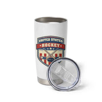 Hockey Crossed Sticks And Puck Retro USA Shield Flag Tumbler Cup Red White Blue Striped Patriotic Sports Fan Pride Graphic