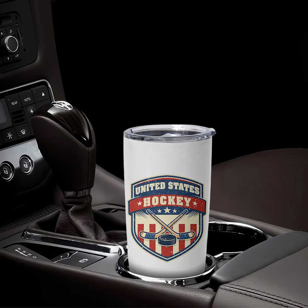 Hockey Crossed Sticks And Puck Retro USA Shield Flag Tumbler Cup Red White Blue Striped Patriotic Sports Fan Pride Graphic