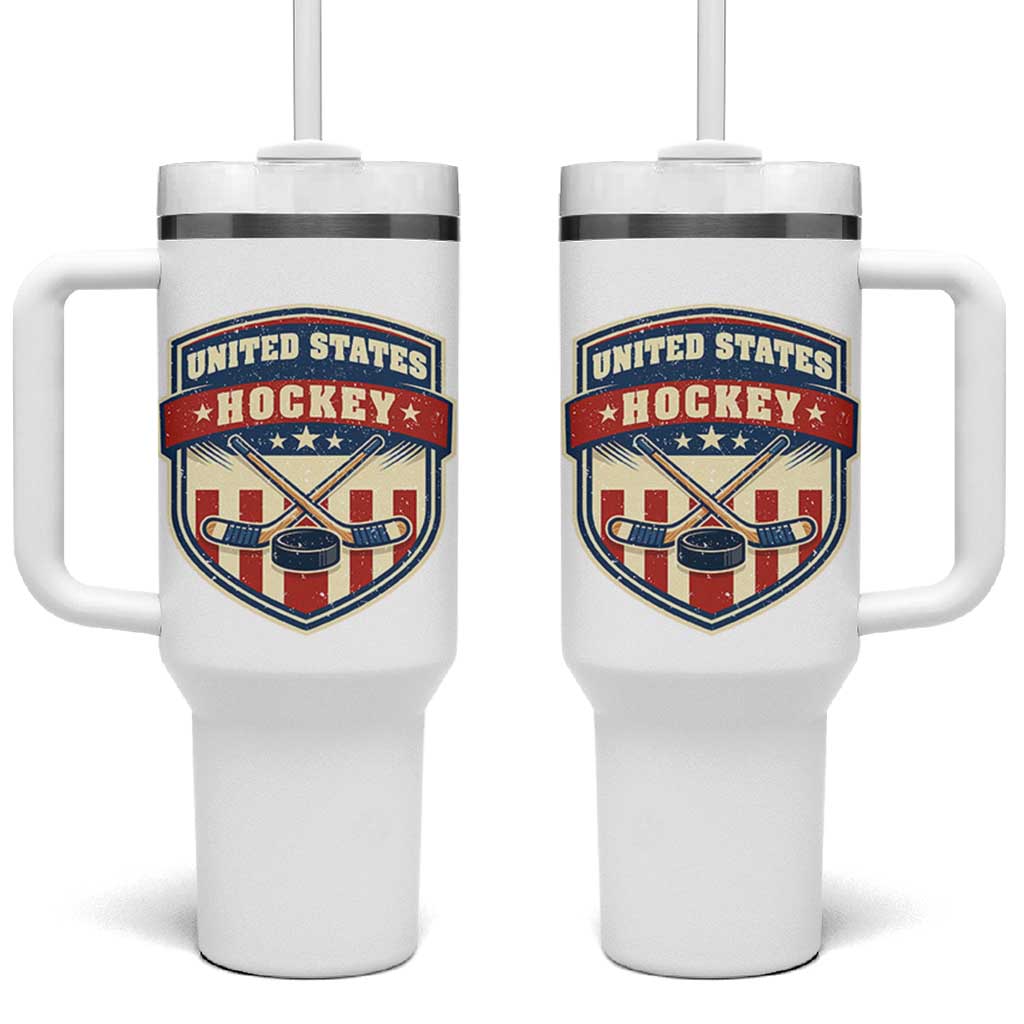Hockey Crossed Sticks And Puck Retro USA Shield Flag Tumbler With Handle Red White Blue Striped Patriotic Sports Fan Pride Graphic