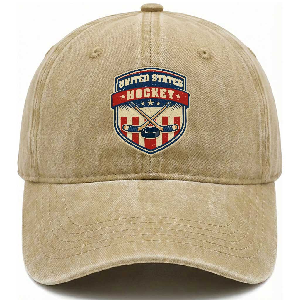 Hockey Crossed Sticks And Puck Retro USA Shield Flag Washed Cotton Baseball Cap Red White Blue Striped Patriotic Sports Fan Pride Graphic