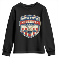 Hockey Crossed Sticks And Puck Retro USA Shield Flag Youth Sweatshirt Red White Blue Striped Patriotic Sports Fan Pride Graphic