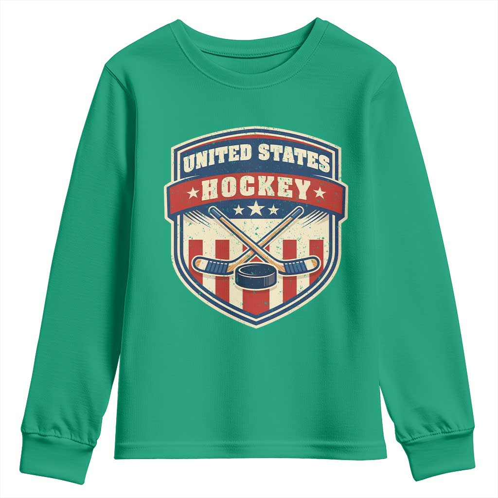 Hockey Crossed Sticks And Puck Retro USA Shield Flag Youth Sweatshirt Red White Blue Striped Patriotic Sports Fan Pride Graphic