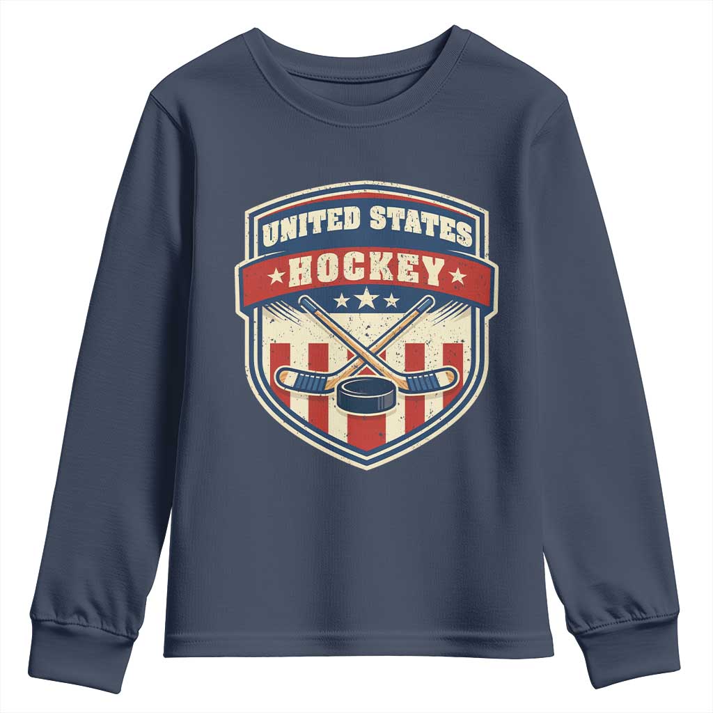 Hockey Crossed Sticks And Puck Retro USA Shield Flag Youth Sweatshirt Red White Blue Striped Patriotic Sports Fan Pride Graphic