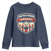 Hockey Crossed Sticks And Puck Retro USA Shield Flag Youth Sweatshirt Red White Blue Striped Patriotic Sports Fan Pride Graphic
