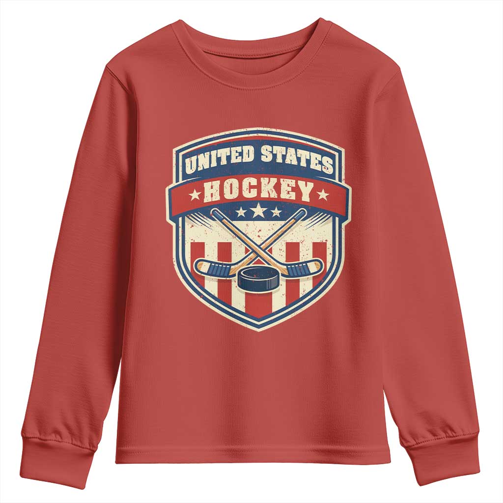 Hockey Crossed Sticks And Puck Retro USA Shield Flag Youth Sweatshirt Red White Blue Striped Patriotic Sports Fan Pride Graphic