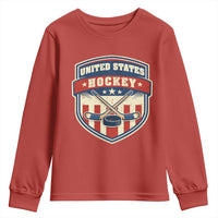 Hockey Crossed Sticks And Puck Retro USA Shield Flag Youth Sweatshirt Red White Blue Striped Patriotic Sports Fan Pride Graphic