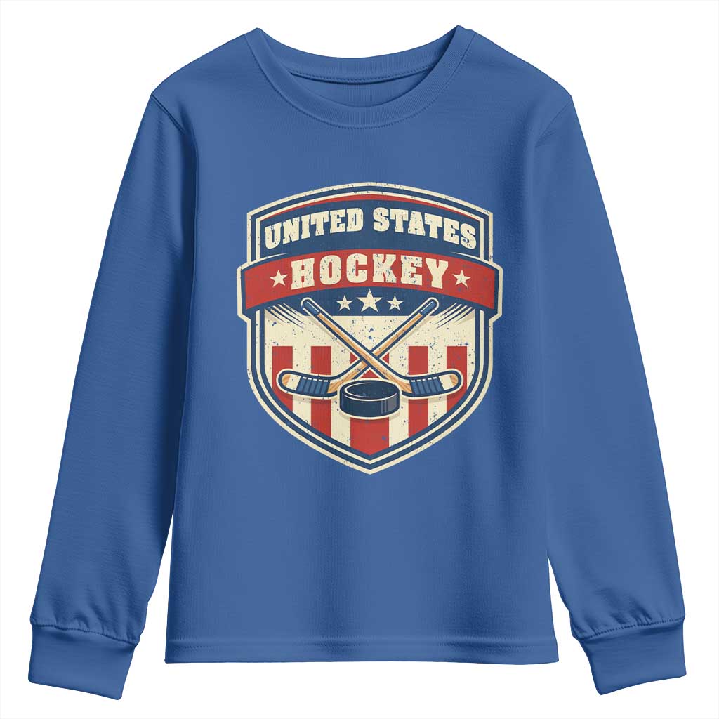 Hockey Crossed Sticks And Puck Retro USA Shield Flag Youth Sweatshirt Red White Blue Striped Patriotic Sports Fan Pride Graphic