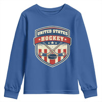 Hockey Crossed Sticks And Puck Retro USA Shield Flag Youth Sweatshirt Red White Blue Striped Patriotic Sports Fan Pride Graphic