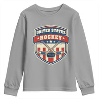 Hockey Crossed Sticks And Puck Retro USA Shield Flag Youth Sweatshirt Red White Blue Striped Patriotic Sports Fan Pride Graphic
