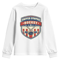 Hockey Crossed Sticks And Puck Retro USA Shield Flag Youth Sweatshirt Red White Blue Striped Patriotic Sports Fan Pride Graphic