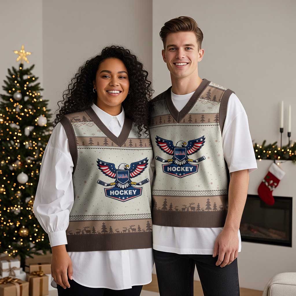 Screaming American Eagle Hockey Pride Graphic V-Neck Knit Sweater Vest Proud USA Ice Sticks Sports Fan