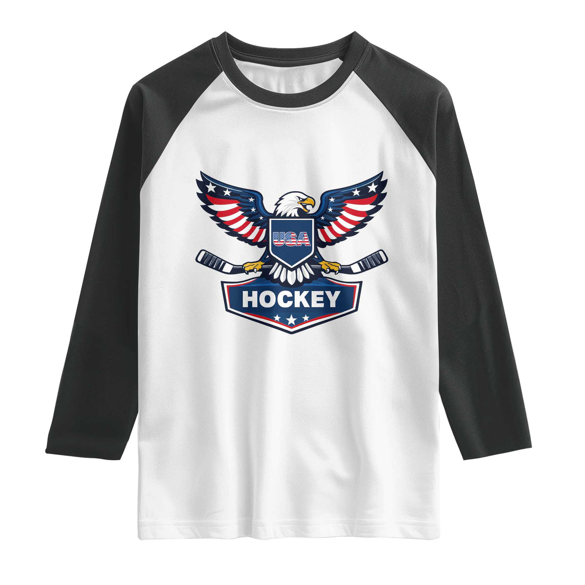 Screaming American Eagle Hockey Pride Graphic Raglan Shirt Proud USA Ice Sticks Sports Fan