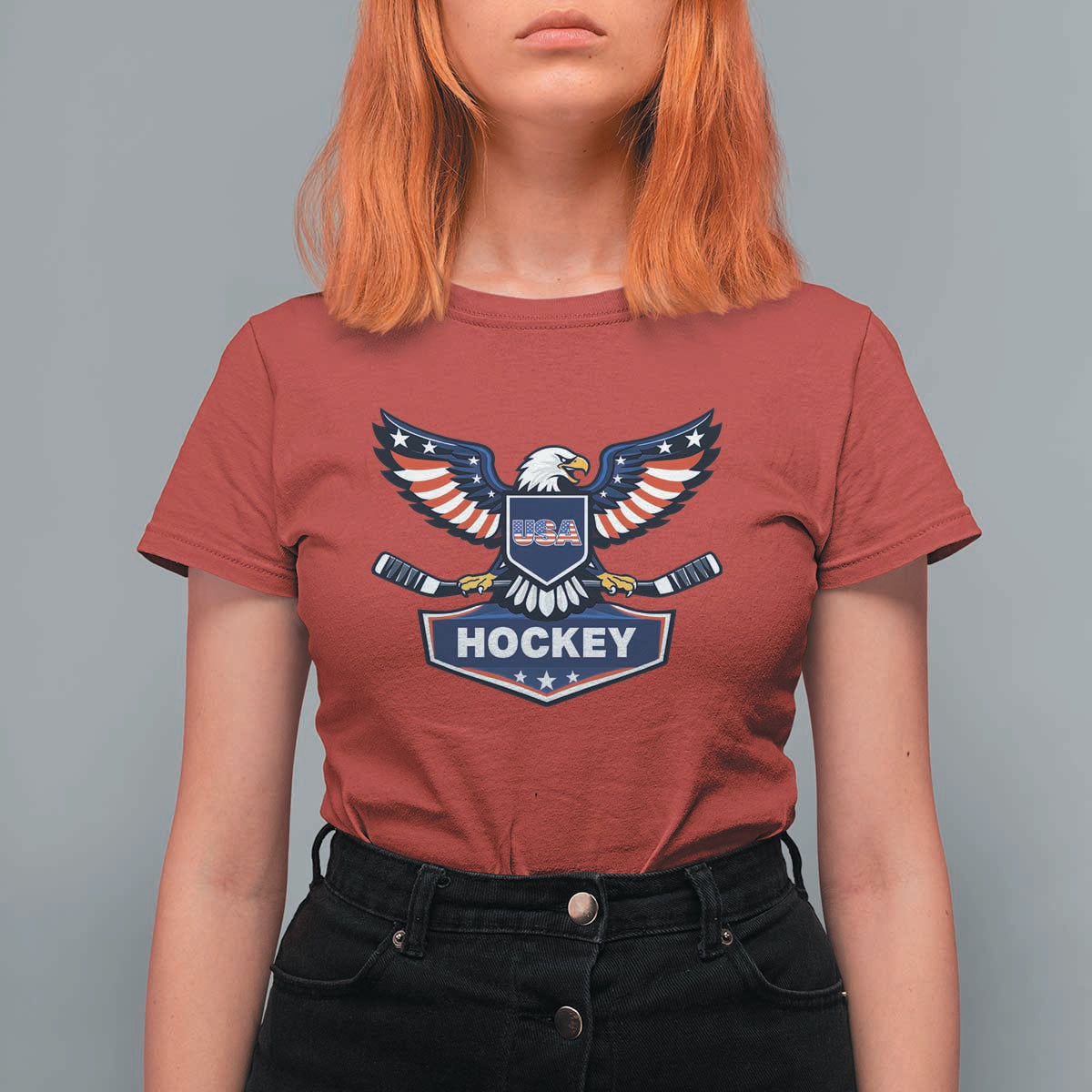 Screaming American Eagle Hockey Pride Graphic T Shirt For Women Proud USA Ice Sticks Sports Fan