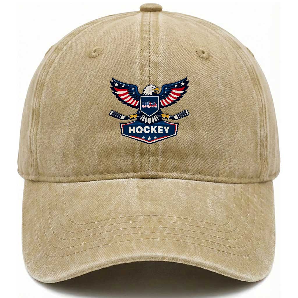 Screaming American Eagle Hockey Pride Graphic Washed Cotton Baseball Cap Proud USA Ice Sticks Sports Fan