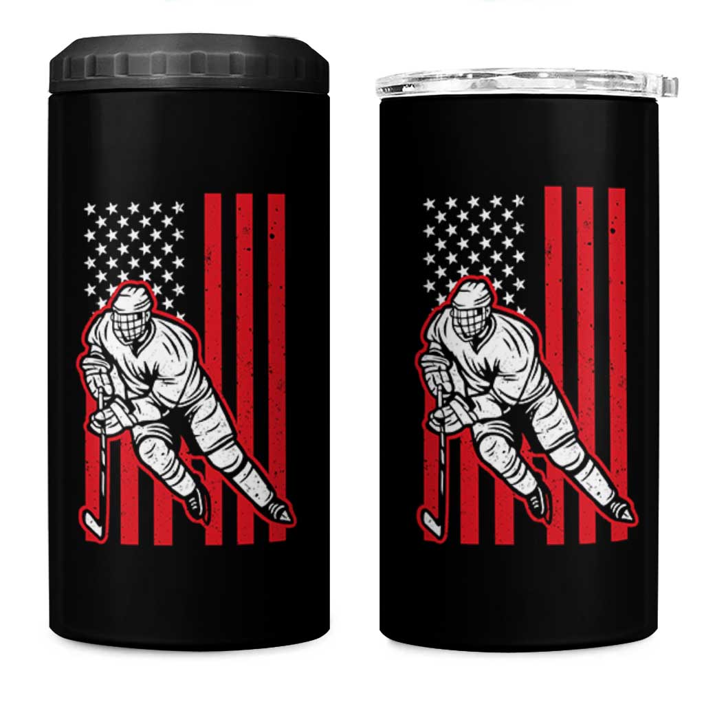 Patriotic American Flag Ice Hockey Player 4 in 1 Can Cooler Tumbler Stars And Stripes Sports Graphic