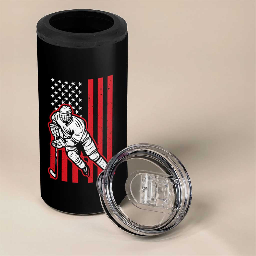Patriotic American Flag Ice Hockey Player 4 in 1 Can Cooler Tumbler Stars And Stripes Sports Graphic