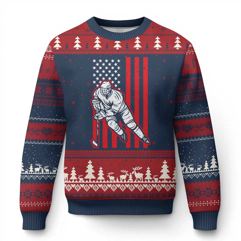 Patriotic American Flag Ice Hockey Player Ugly Christmas Sweater Stars And Stripes Sports Graphic