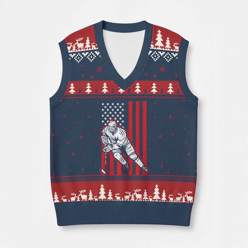 Patriotic American Flag Ice Hockey Player V-Neck Knit Sweater Vest Stars And Stripes Sports Graphic