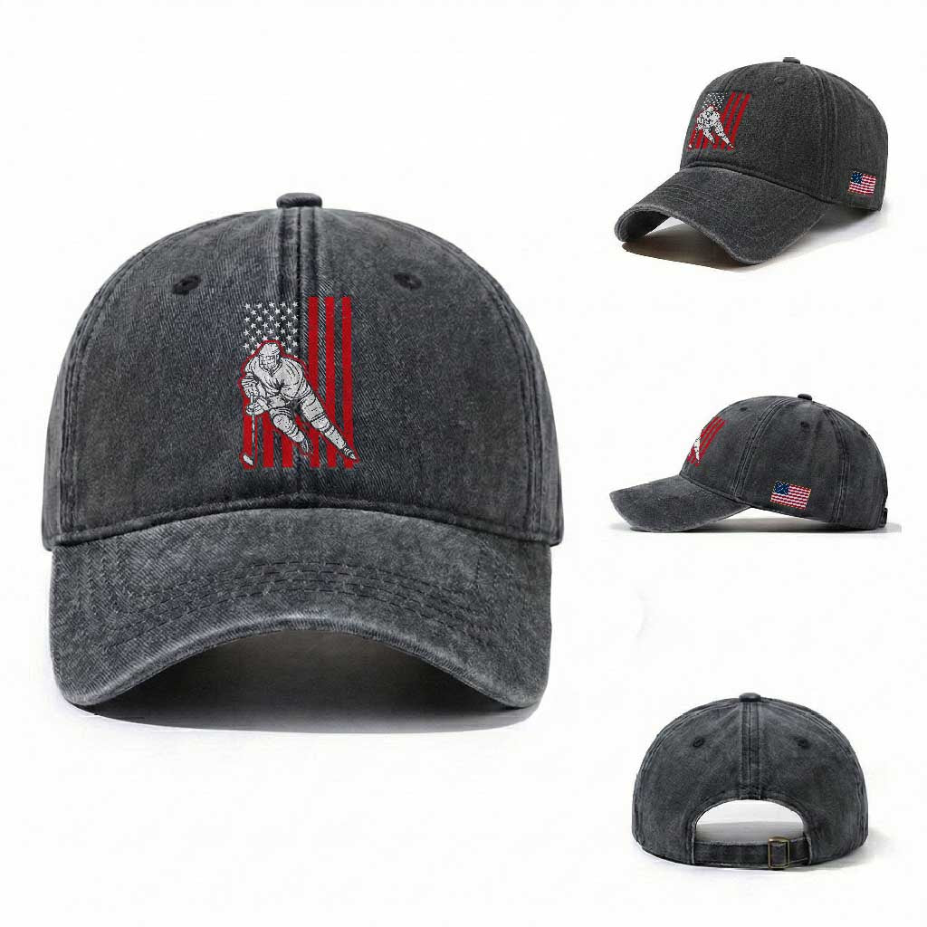Patriotic American Flag Ice Hockey Player Washed Cotton Baseball Cap Stars And Stripes Sports Graphic