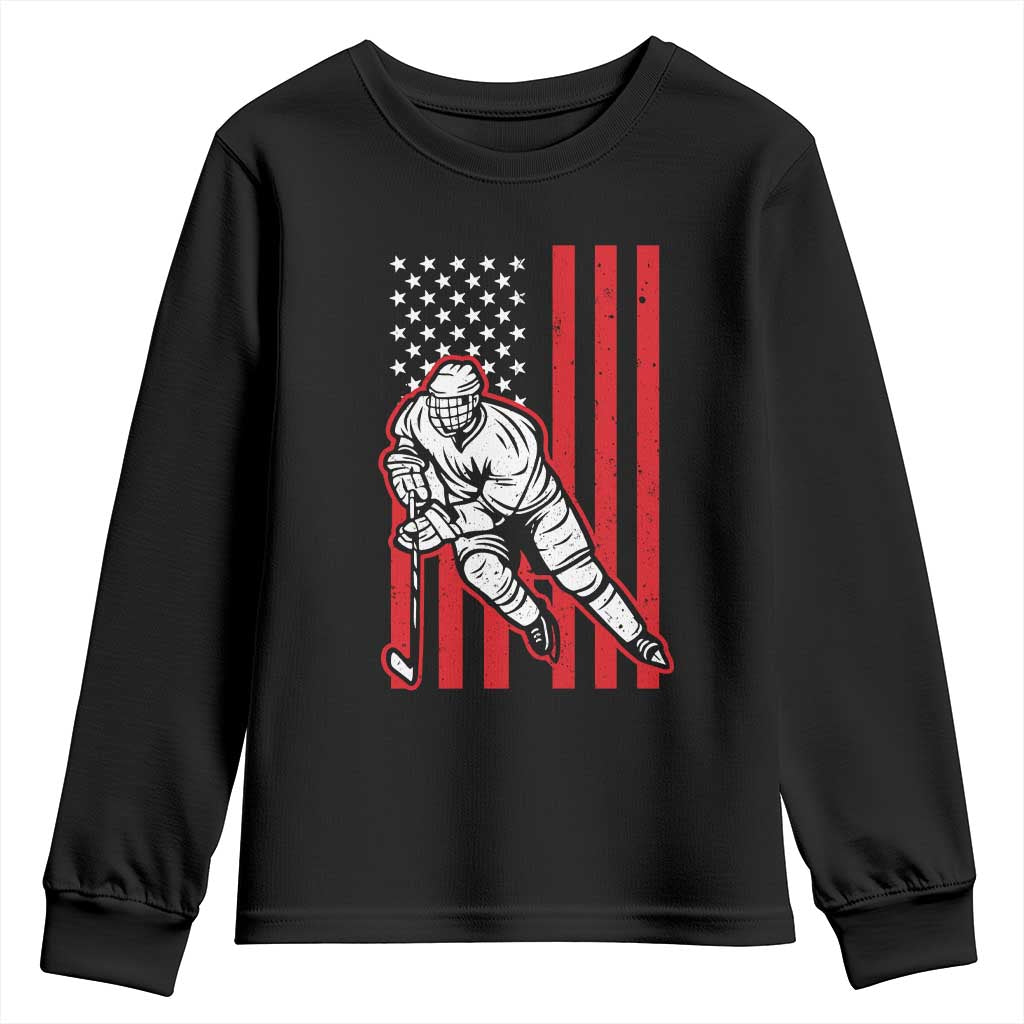 Patriotic American Flag Ice Hockey Player Youth Sweatshirt Stars And Stripes Sports Graphic