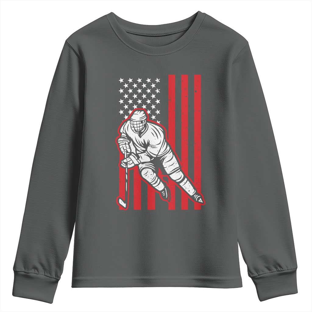 Patriotic American Flag Ice Hockey Player Youth Sweatshirt Stars And Stripes Sports Graphic