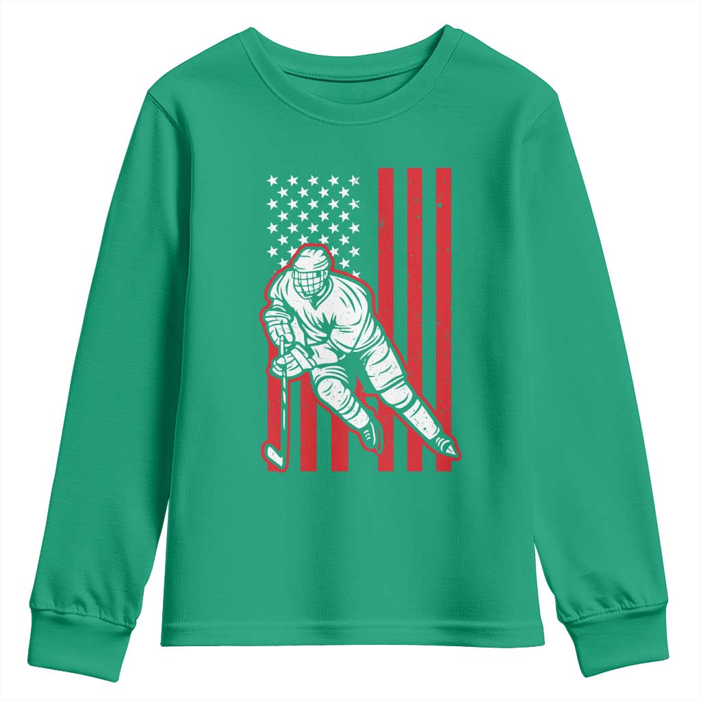 Patriotic American Flag Ice Hockey Player Youth Sweatshirt Stars And Stripes Sports Graphic
