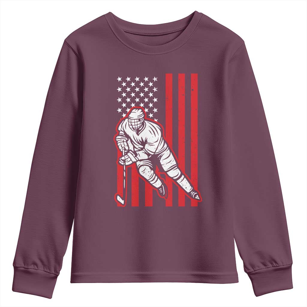 Patriotic American Flag Ice Hockey Player Youth Sweatshirt Stars And Stripes Sports Graphic