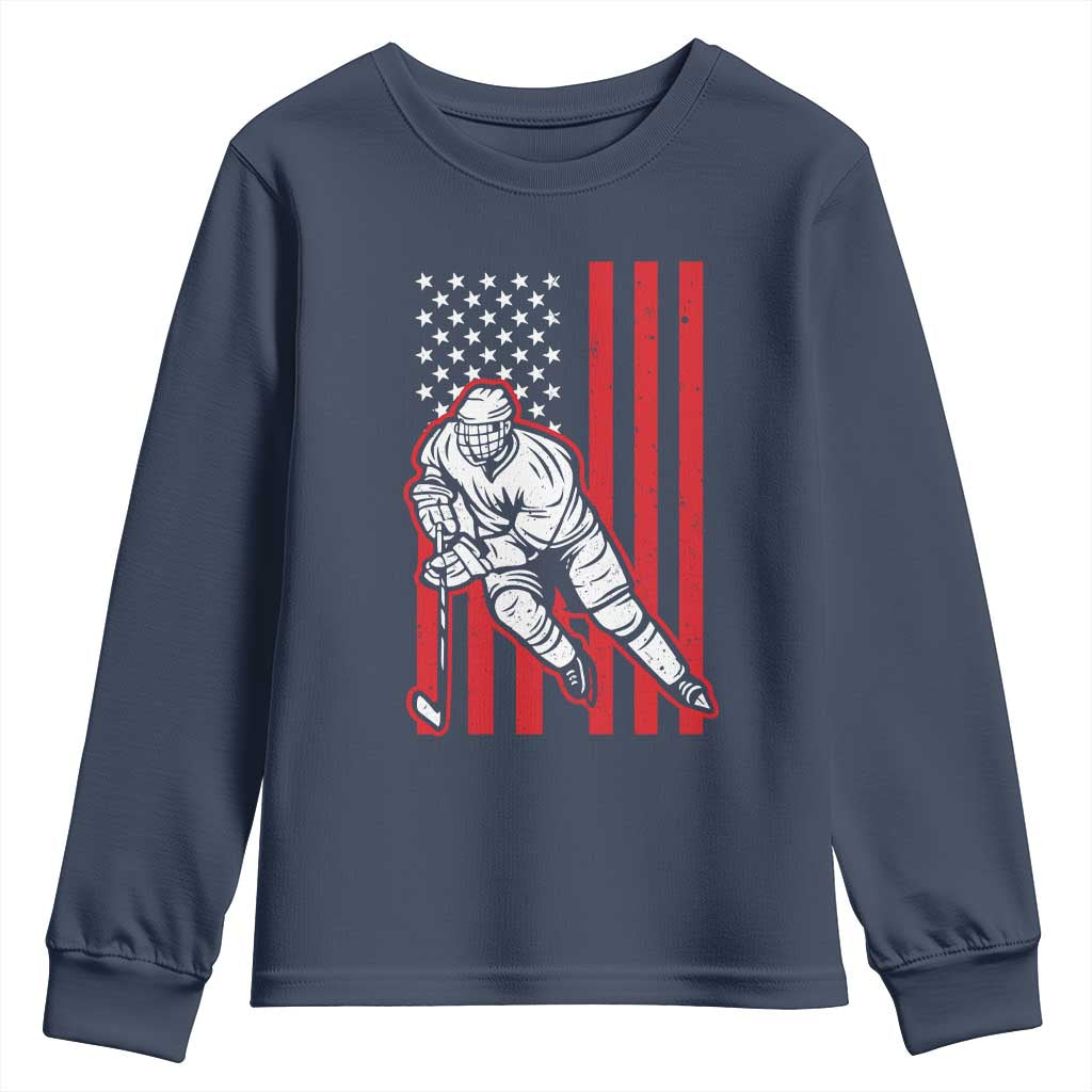 Patriotic American Flag Ice Hockey Player Youth Sweatshirt Stars And Stripes Sports Graphic