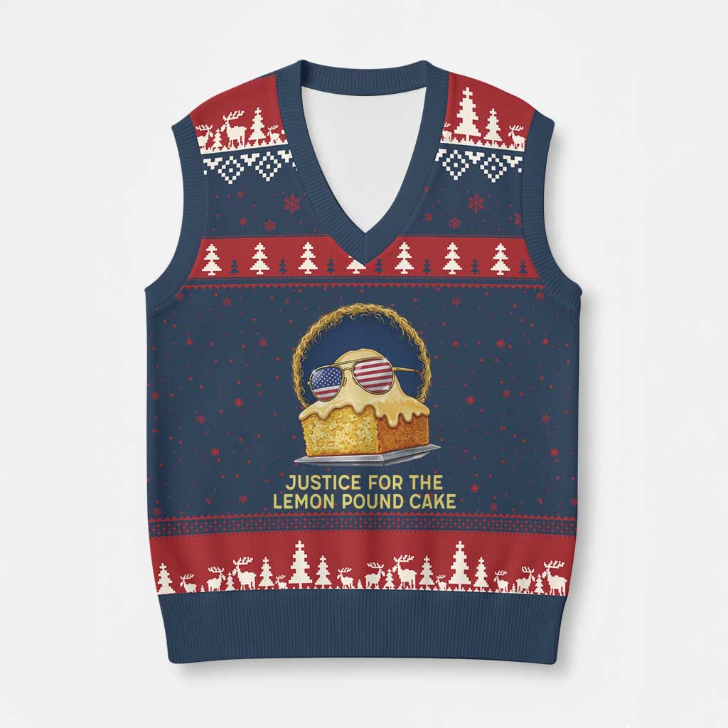 Justice for the Lemon Pound Cake V-Neck Knit Sweater Vest Viral Meme Dessert Parody Retro Hip Hop Vibe