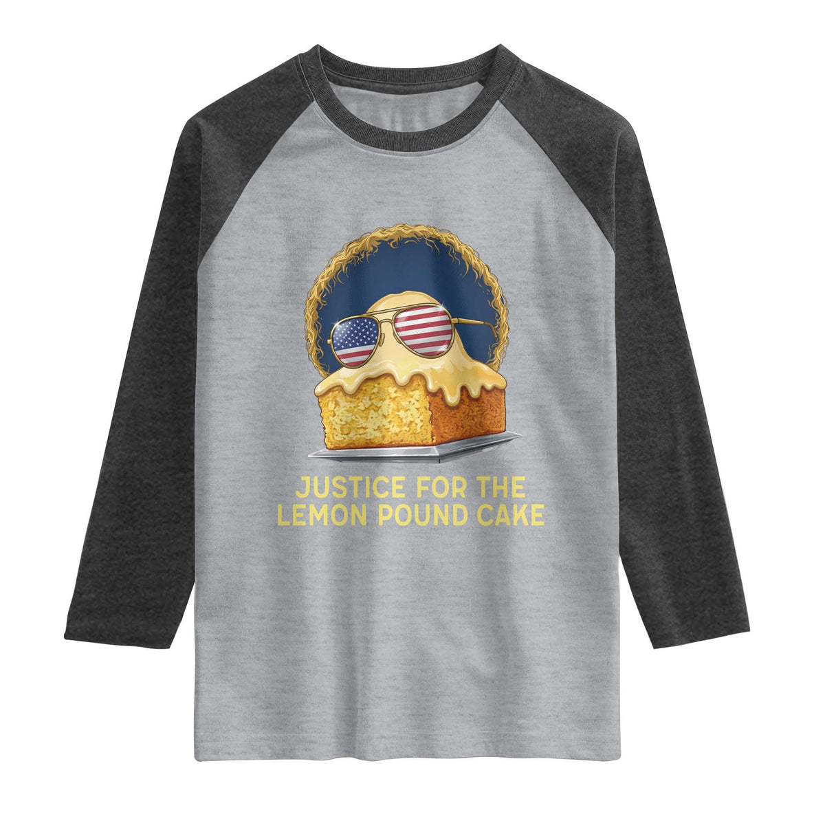Justice for the Lemon Pound Cake Raglan Shirt Viral Meme Dessert Parody Retro Hip Hop Vibe