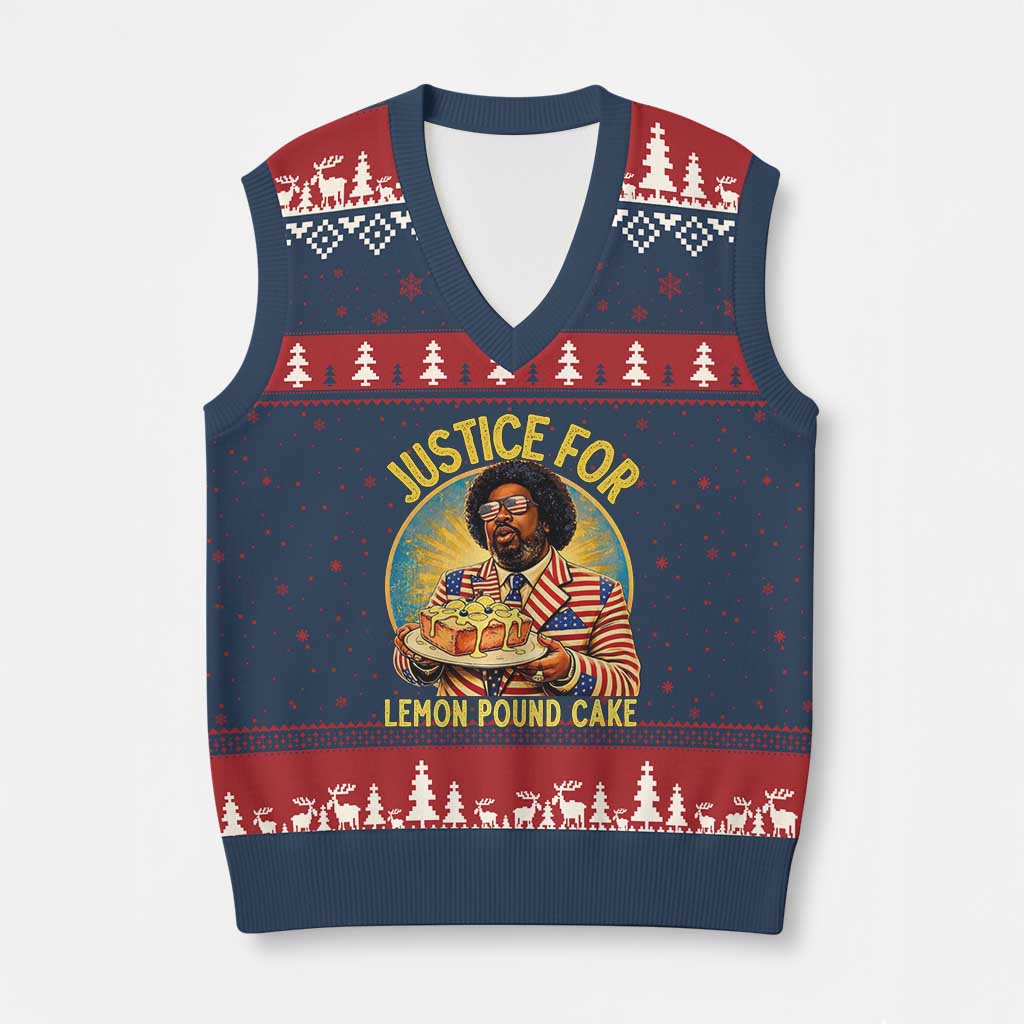 Justice for Lemon Pound Cake Patriotic Meme V-Neck Knit Sweater Vest Funny Viral Hip Hop Parody for Music Rap Fans